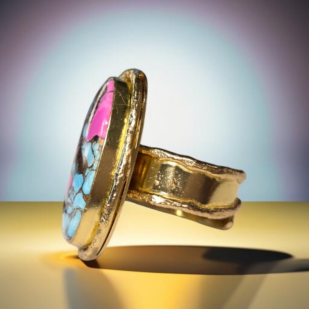 18k Gold Plated Cotton Candy Turquoise Statement Ring - Picture 2 of 6